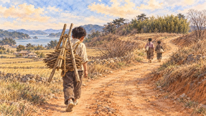 수채화로 그린 책보 대신 지게를 지고 밭으로 향하는 소년