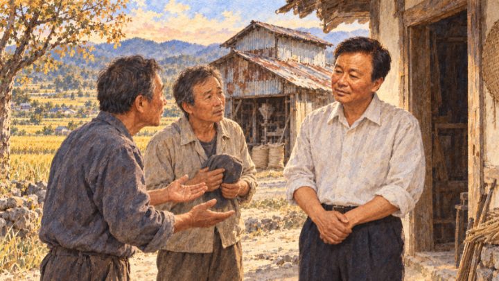 수채화로 그린 밀린 볏값을 걱정하는 농민들이 배병희에게 정미소 인수를 부탁하는 순간