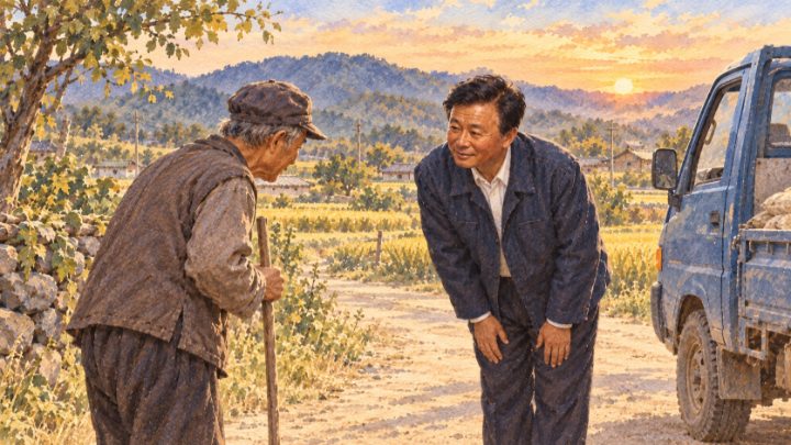 수채화로 그린 트럭에서 내려 길섶의 어르신에게 허리를 숙여 인사하는 배병희
