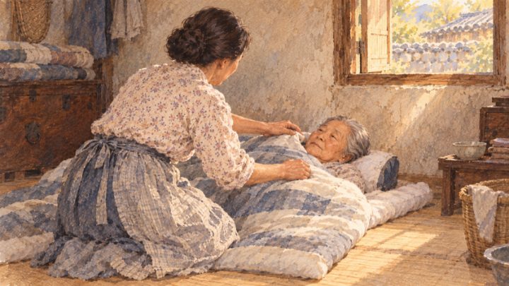 수채화로 그린 비좁은 집에서 병든 시어머니의 이불을 여미며 돌보는 아내
