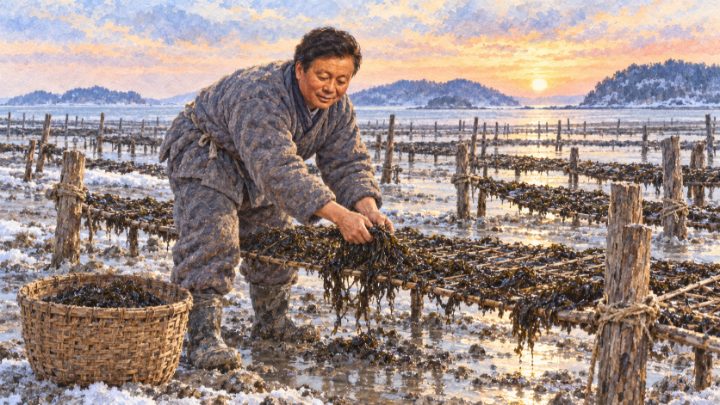 수채화로 그린 겨울 새벽 갯벌의 지주식 김발에서 생김을 채취하는 배병희