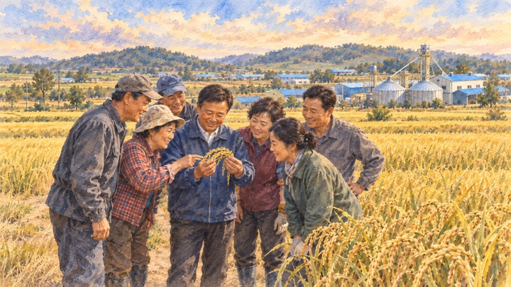 수채화로 그린 계약재배 들판에서 익은 벼를 함께 살피는 농민들
