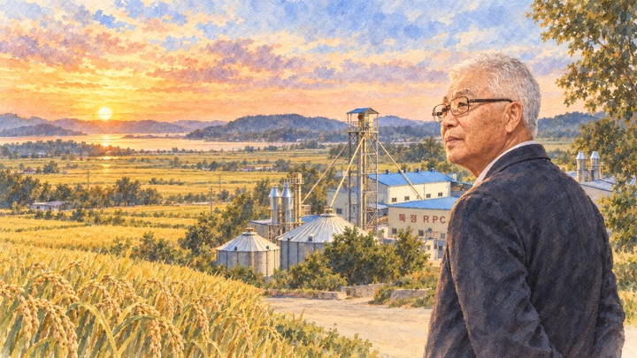 수채화로 그린 해 질 무렵 남양만 들녘을 바라보는 노년의 배병희
