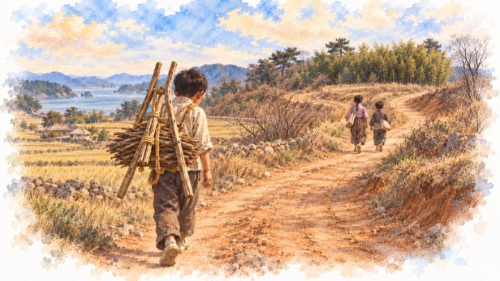 수채화로 그린 책보 대신 지게를 지고 밭으로 향하는 소년
