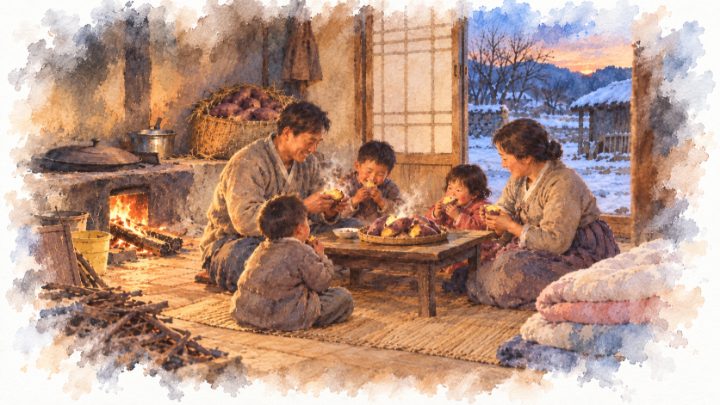 수채화로 그린 겨울밤 고구마를 나누어 먹는 가족