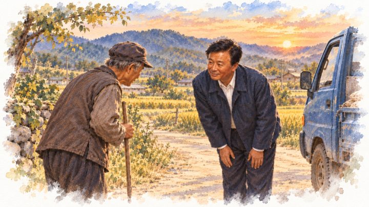 수채화로 그린 트럭에서 내려 길섶의 어르신에게 허리를 숙여 인사하는 배병희