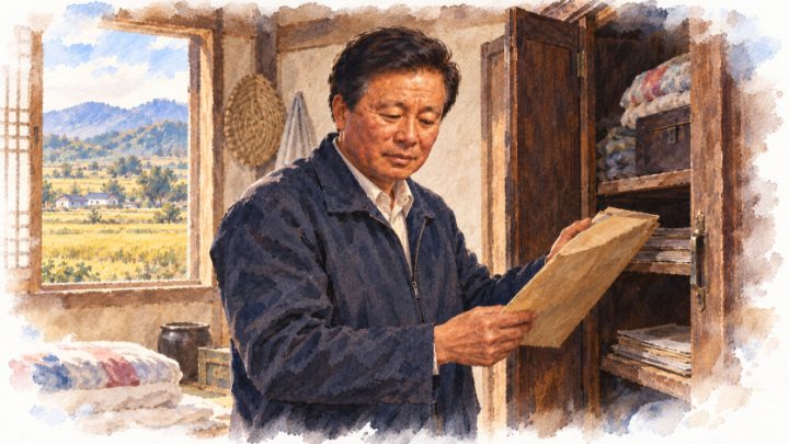 수채화로 그린 볏값을 마련하려고 장롱에서 땅문서 봉투를 꺼내는 배병희