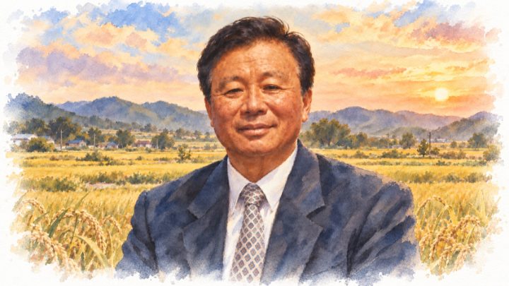 가을 논을 배경으로 정장을 입은 배병희의 수채화 초상